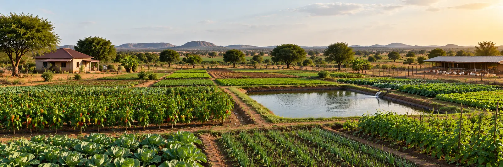AI-generated image of a mixed farm with vegetable plots, a fish pond and a poultry house