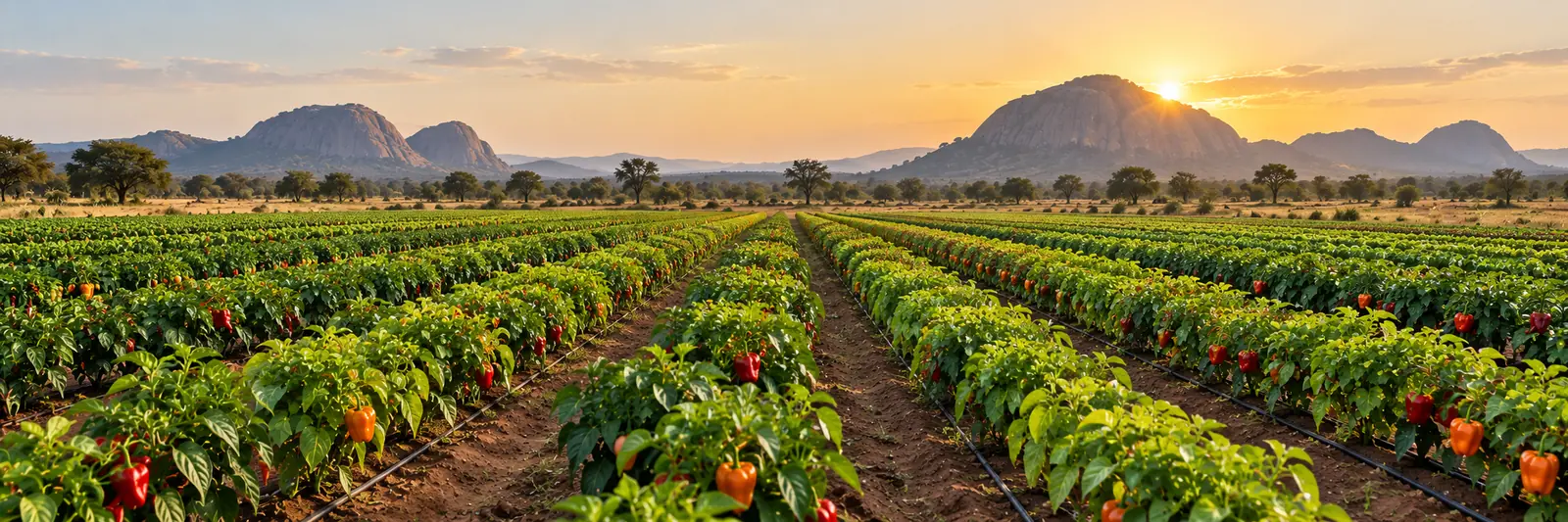 AI-generated image of drip-irrigated pepper rows at sunset
