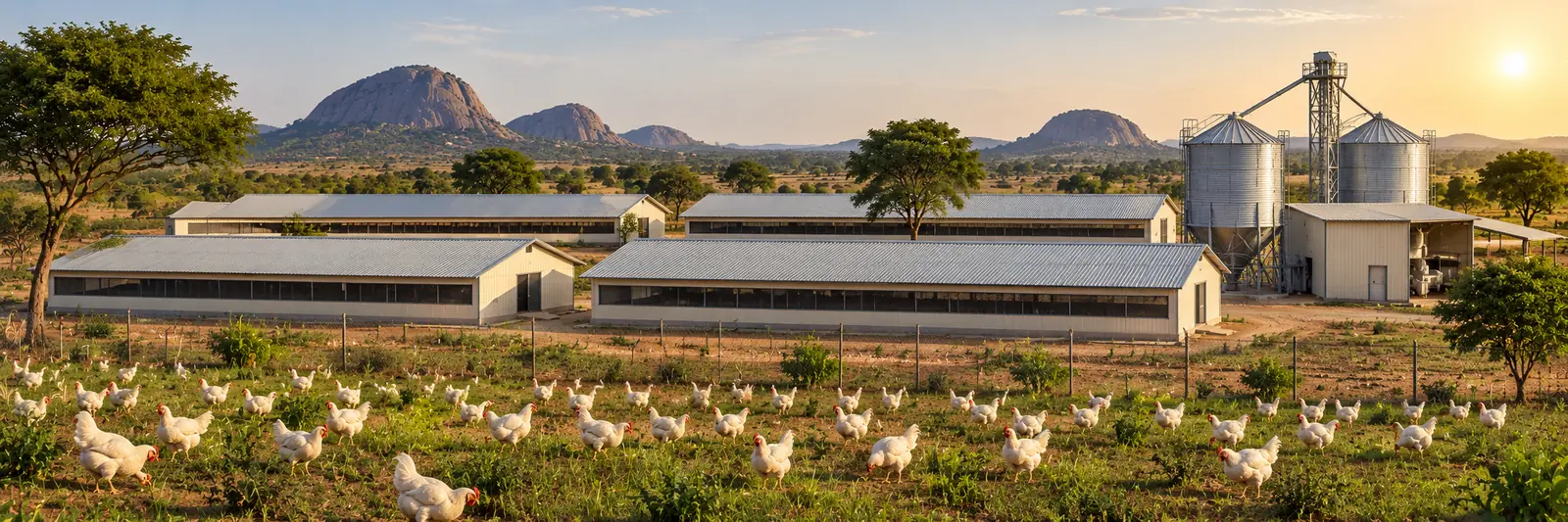 AI-generated image of poultry houses and feed-mill silos