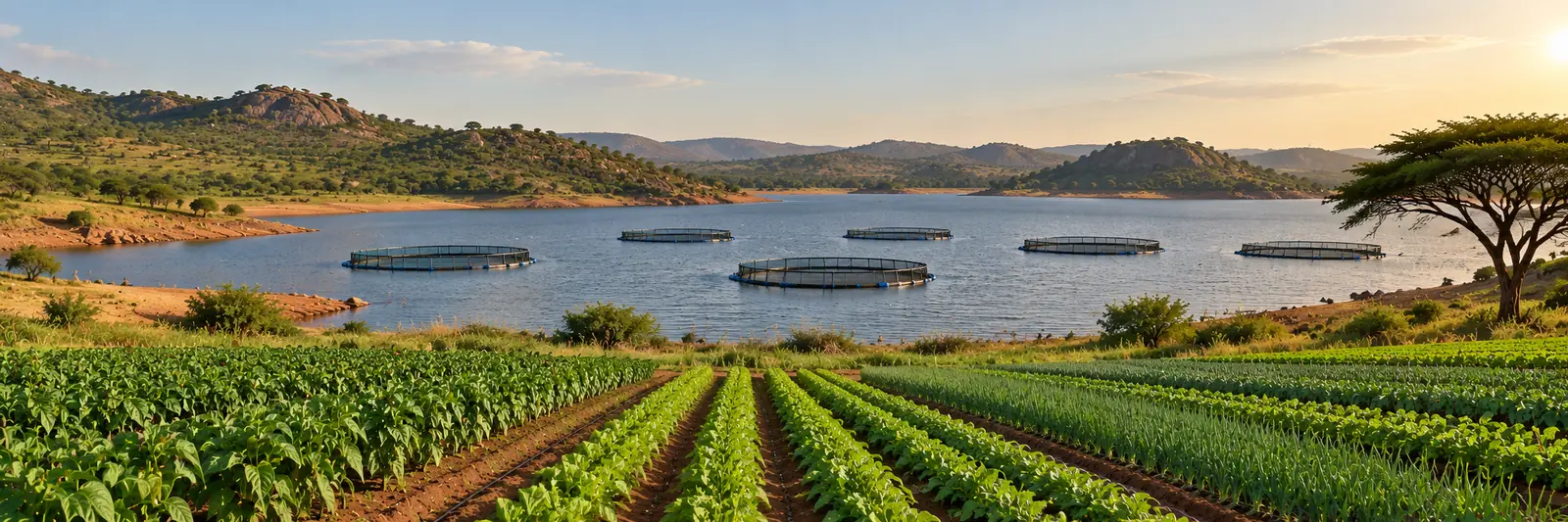AI-generated image of floating fish cages on a reservoir, with crop rows on the shore